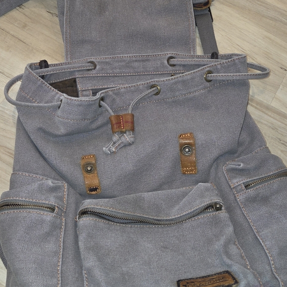 Men's Canvas Backpack in Light Gray with Brown Accents - Picture 6 of 10